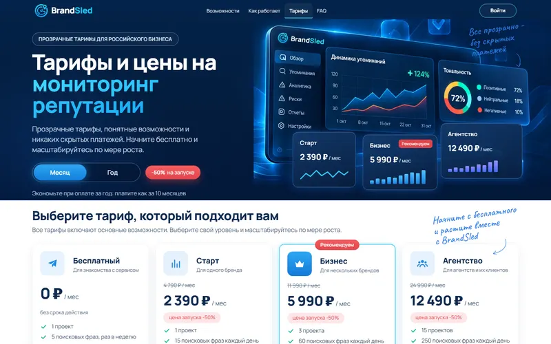 Тарифы с ценой запуска, модулями и сравнением