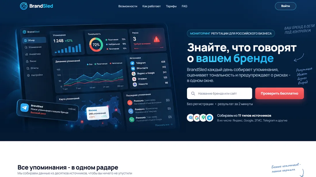 Главная brandsled.ru с дашбордом упоминаний и экран кабинета с индексом репутации