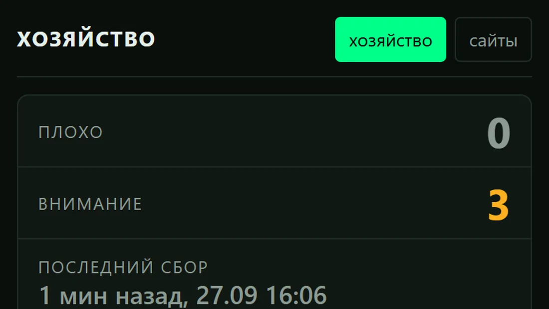 Панель хозяйства на телефоне: счетчики проблем и список замечаний на темном фоне
