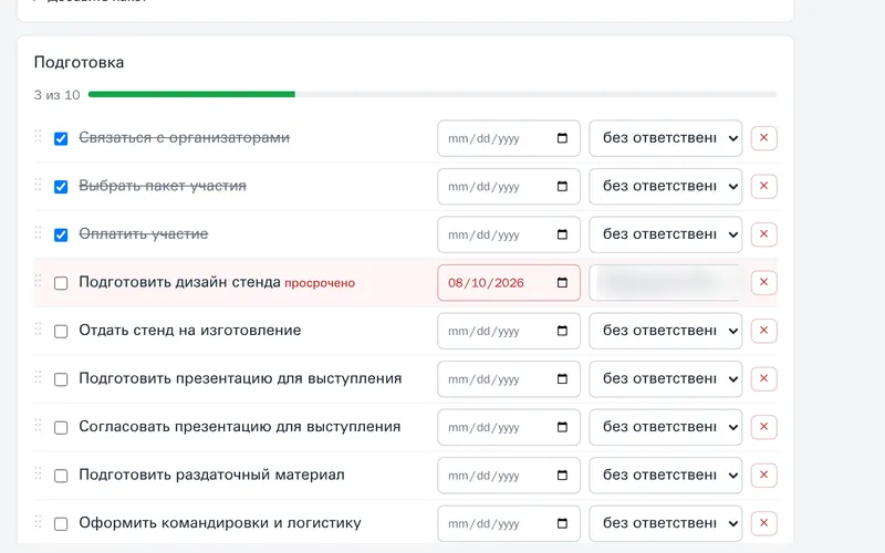 Чек-лист подготовки: сроки, ответственные, просроченный пункт