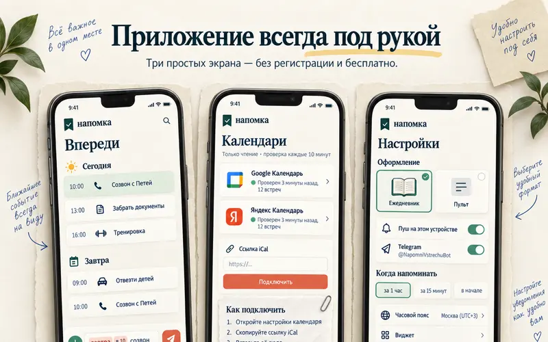 Три экрана приложения Напомка: ближайшие дела, подключение календарей и настройки напоминаний
